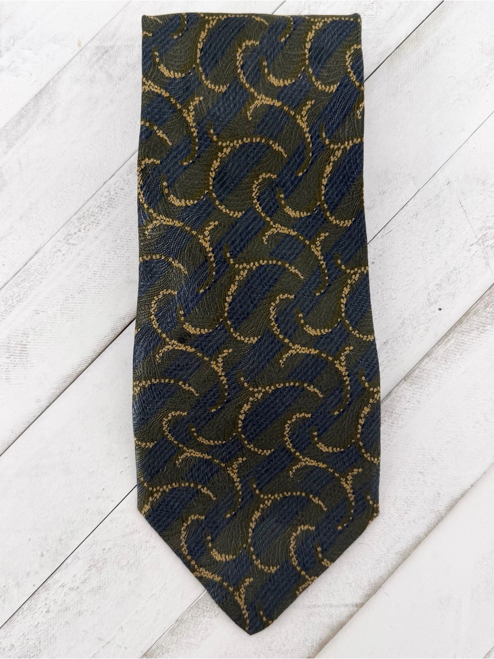 Vintage Barneys NY Silk Tie Italy XL 60" Green Gold Blue Abstract Read Descript